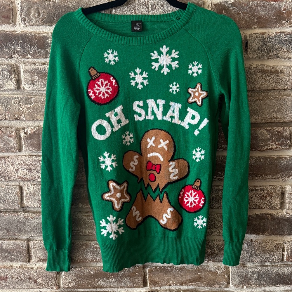 Green Holiday Sweater with Gingerbread Design